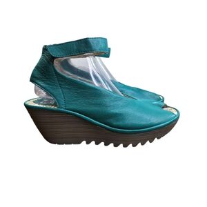 Fly London Yala Turquoise Blue Leather Wedge Peep Toe